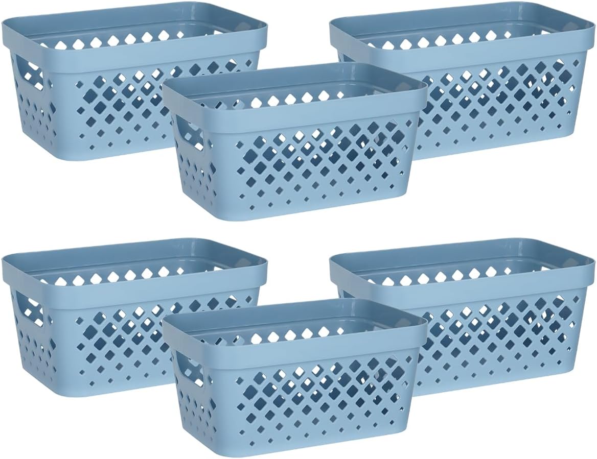 Glad Plastic Baskets for Organizing, Set of 6 | Pantry Storage for Under Counter, Linen Closet, and Bathroom | Nesting Shelf Bins with Handles, 1 Gallon, Marina Blue