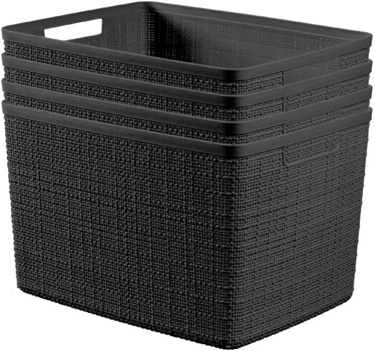 Curver Jute Large Decorative Plastic Organization and Storage Baskets, Perfect Bins for Home Office, Closet Shelves, Kitchen Pantry and All Bedroom Essentials, Pack of 4, Black