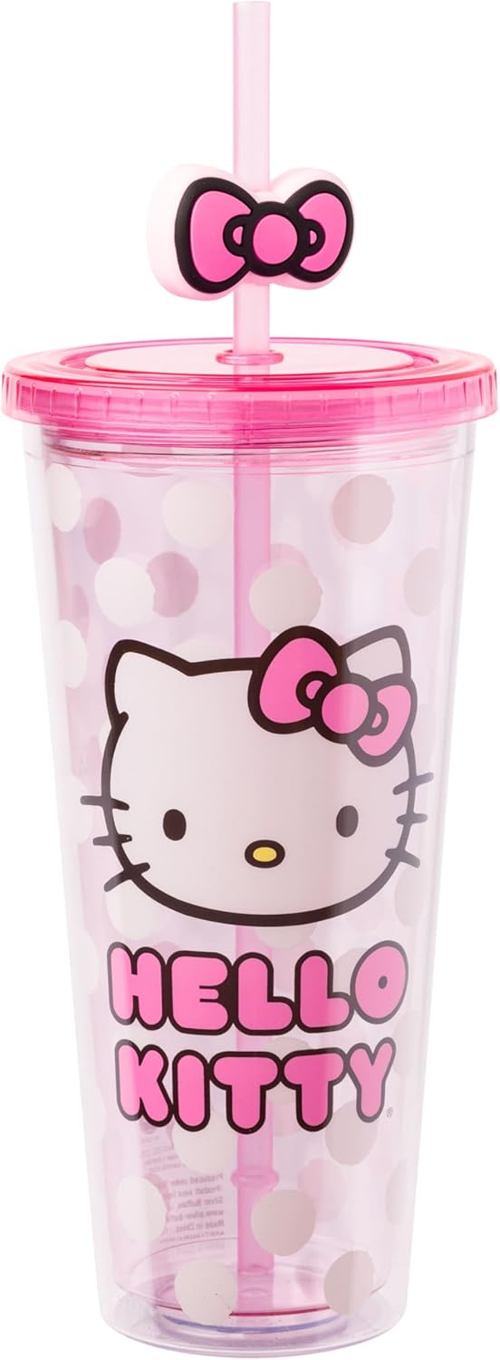 Silver Buffalo Sanrio Hello Kitty Bow Pink Polka Dots Plastic Cold Cup with Lid and Straw Topper, 24 Ounces