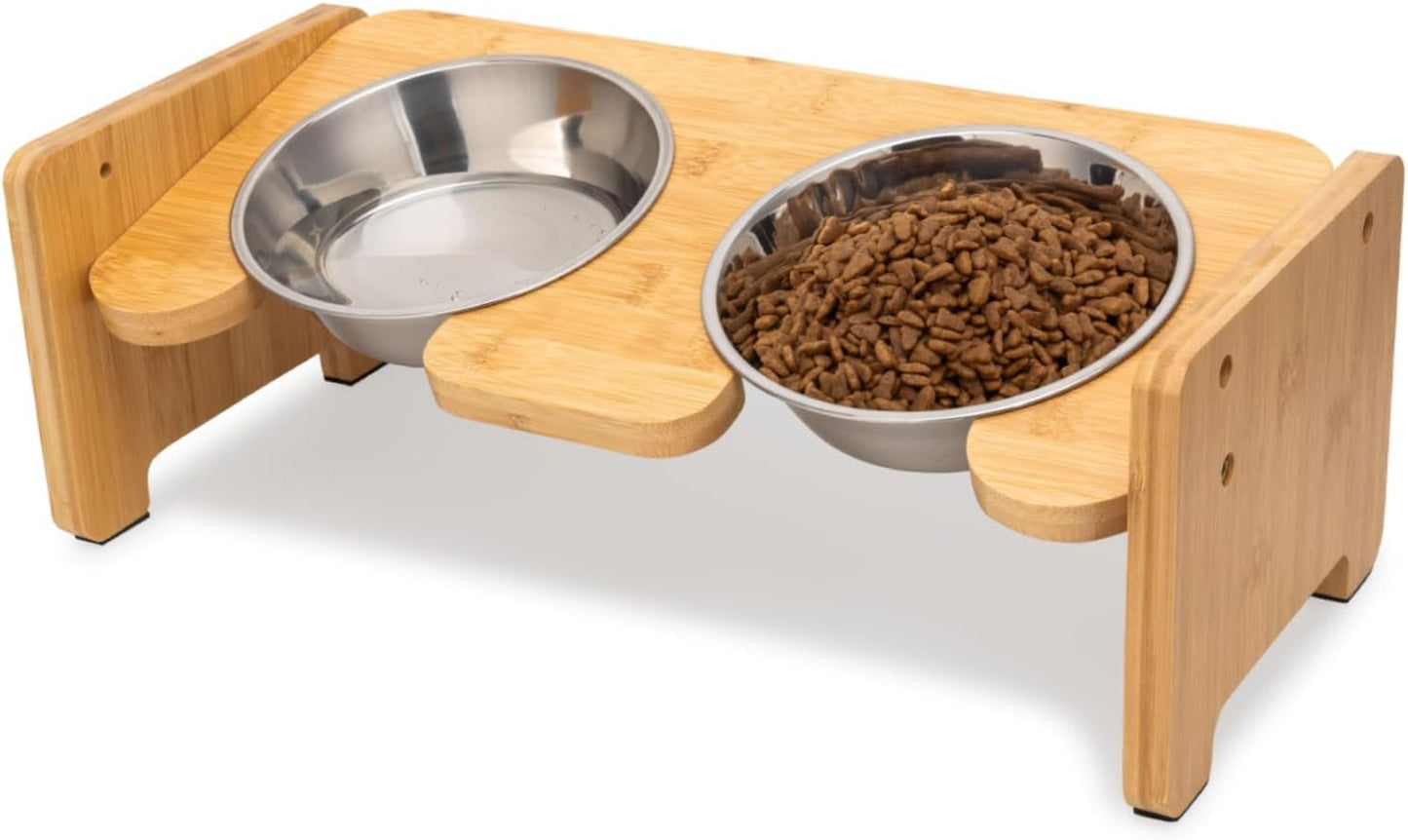 Toozey Elevated Cat Bowls -Double 16 oz Bowls, Sturdy Bamboo15° Tilted Adjustable Raised Cat Bowl Stand with 2 Stainless Steel Bowls and Non-Slip Feet for Cats Feeder