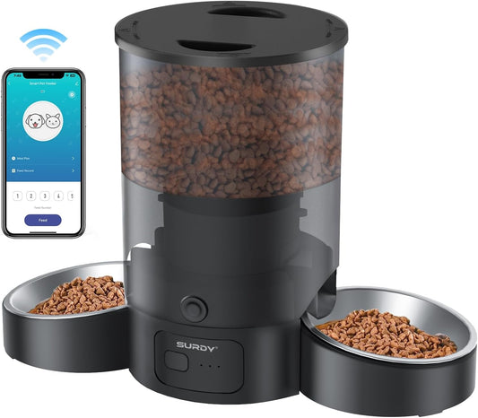 SURDY Automatic Cat Feeder for 2 Cats, 2.4G WiFi Smart Pet Feeder with APP Control for Remote Feeding, 3L Timed Pet Feeder Programmable 1-10 Meals, Dual Power Supply, Desiccant Bag, 10s Meal Call