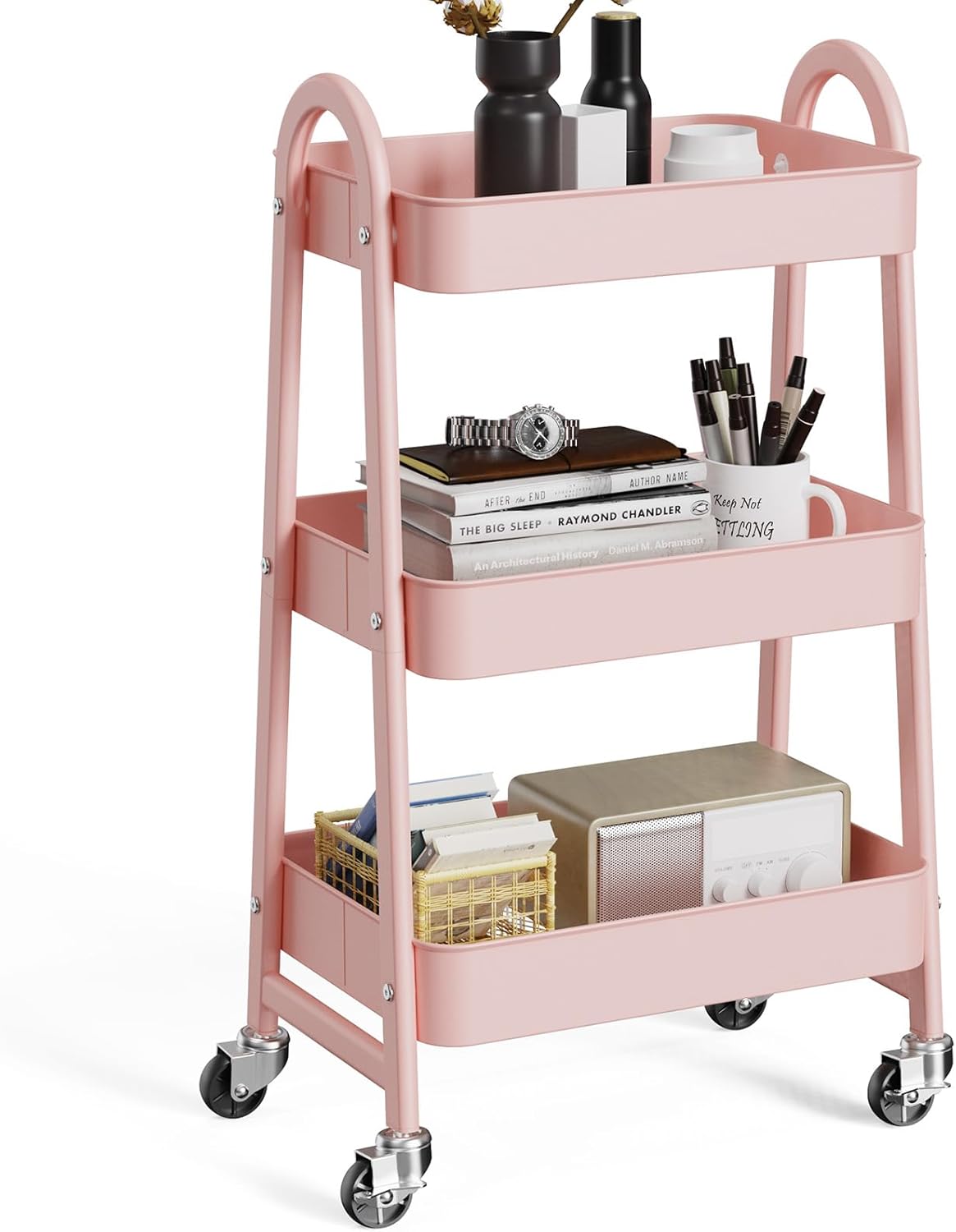 OLIXIS 3 Tier Utility Rolling Cart, Metal Mobile Storage Shelf with Lockable Caster Wheels, Organization for Livingroom, Bathroom, Kitchen, & Narrow Places, Pink