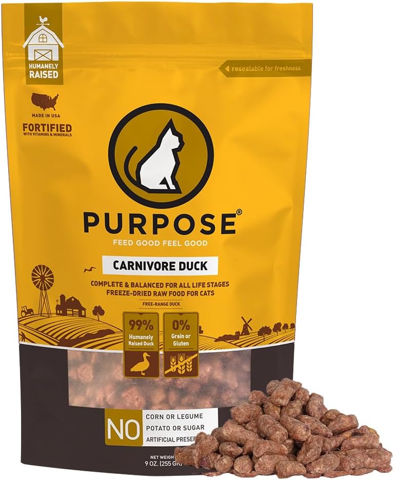 PURPOSE Freeze Dried Raw Cat Food, Grain Free Dry Cat Food, Complete Balanced Meal or Topper, Protein Rich Cat Food for All Breeds and Life Stages, Pure Duck Recipe Mini Nibs Entrée, 9 oz, USA Made