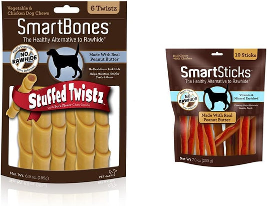 SmartBones Stuffed Twistz with Peanut Butter, Rawhide-Free Chews for Dogs Stuffed with Pork Flavor, 6 Twistz & SmartSticks, Treat Your Dog to a Rawhide-Free Chew Made with Real Meat and Vegetables