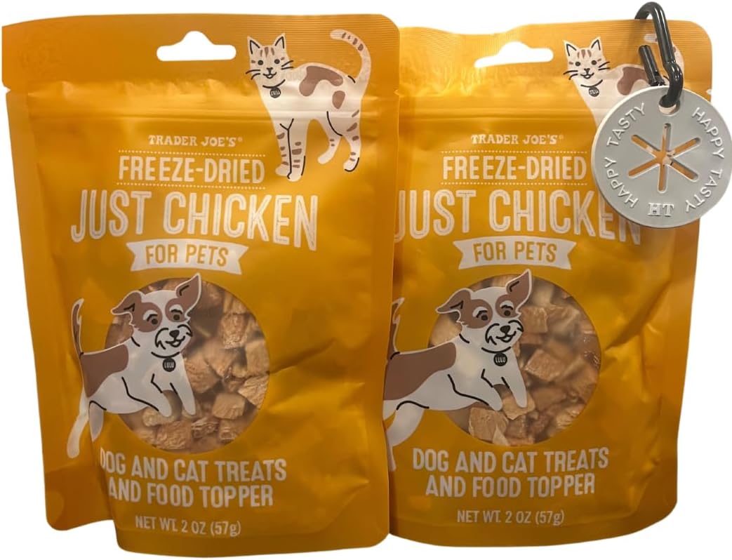 Trader Joe's Freeze Dried Just Chicken Dog and Cat Treats Food Topper (Pack of 2) Bundle with 1 Dog Silicone Poop Bag Holder Hands Free Color Gray