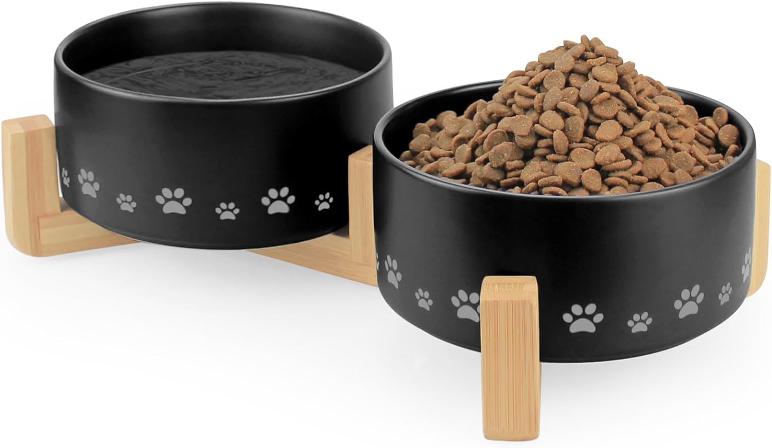 Ptlom Ceramic Pet Bowl for Dogs and Cats, Raised Dog Food and Water Bowl Set with Anti-Slip Wooden Stand, Weighted Pets Dish Feeding Bowls Suitable for Small, Medium, and Large Cat Dog, Black, 14 Oz