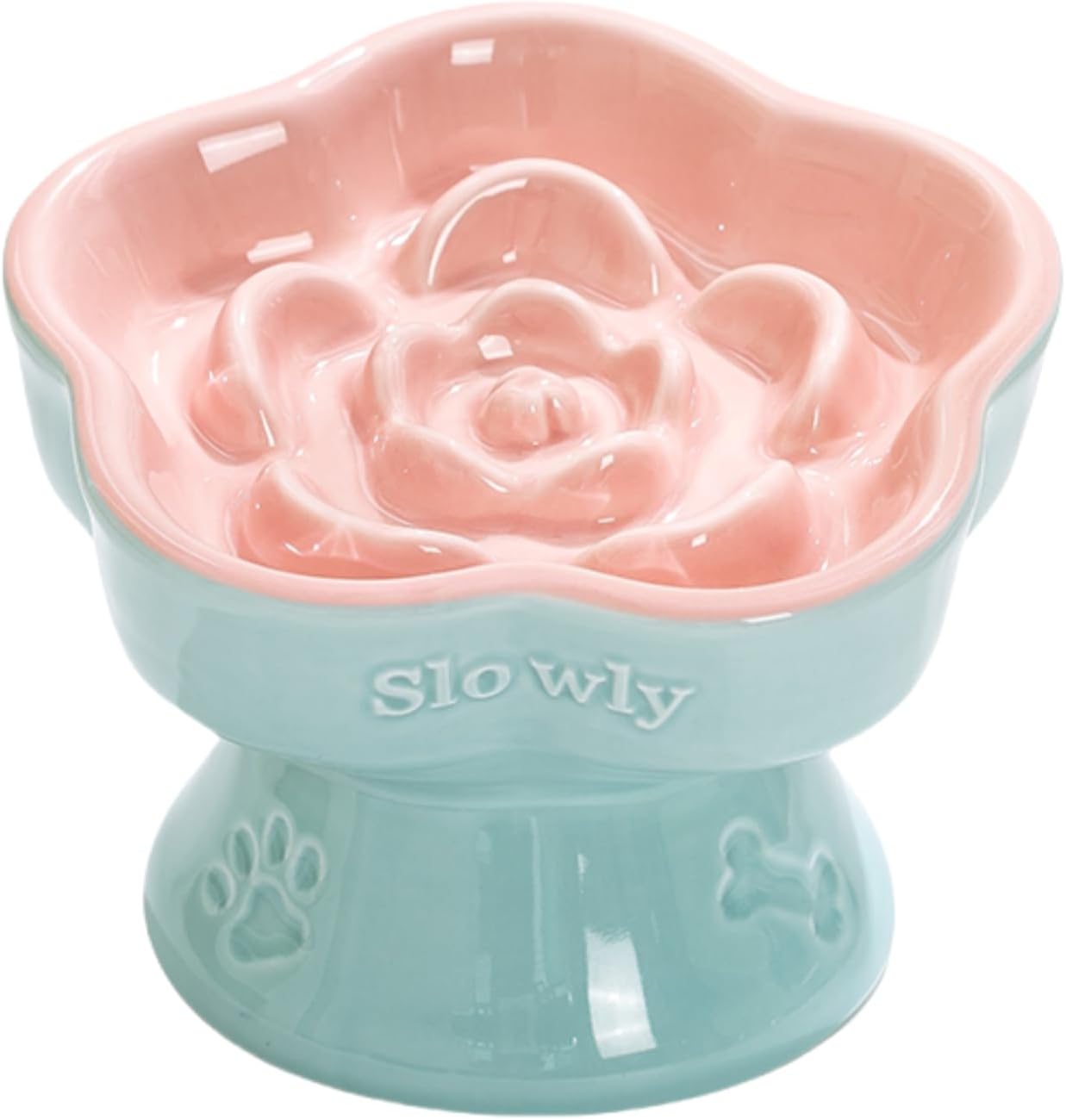 Aquainno Pet Slow Feeder Bowl, Elevated and Tilted Ceramic Slow Feeder Bowl for Cats and Small Dogs, Raised Pet Bowl for Dry and Wet Food, Prevents Vomiting and Choking (Pink)