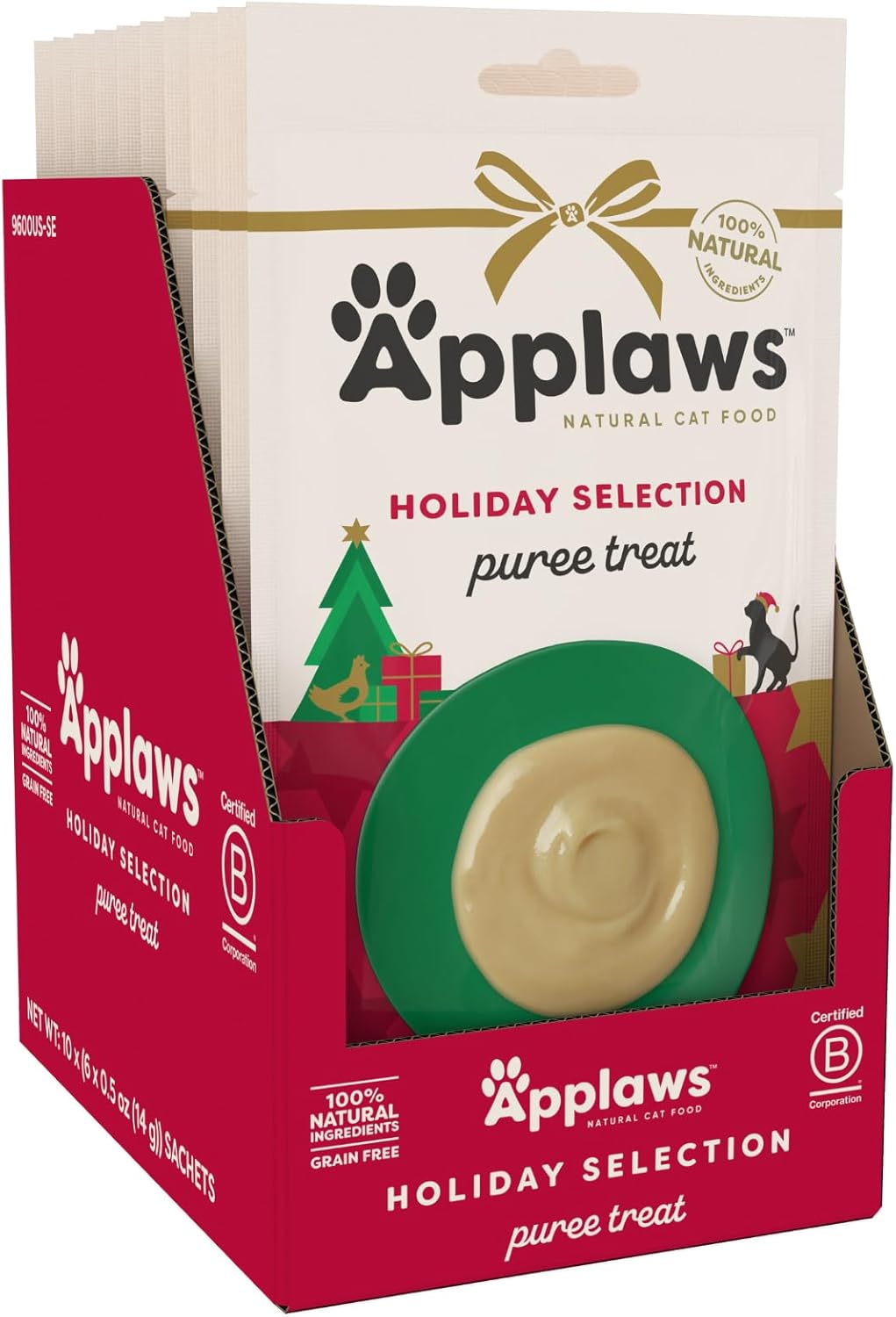 Applaws Lickable Holiday Cat Treats, Natural Purée Treats for Cats, Grain-Free & Made with Limited Ingredients, Chicken, Tuna, & Salmon Squeeze Up Cat Treats (60 x 0.5 oz Sachet Treats)