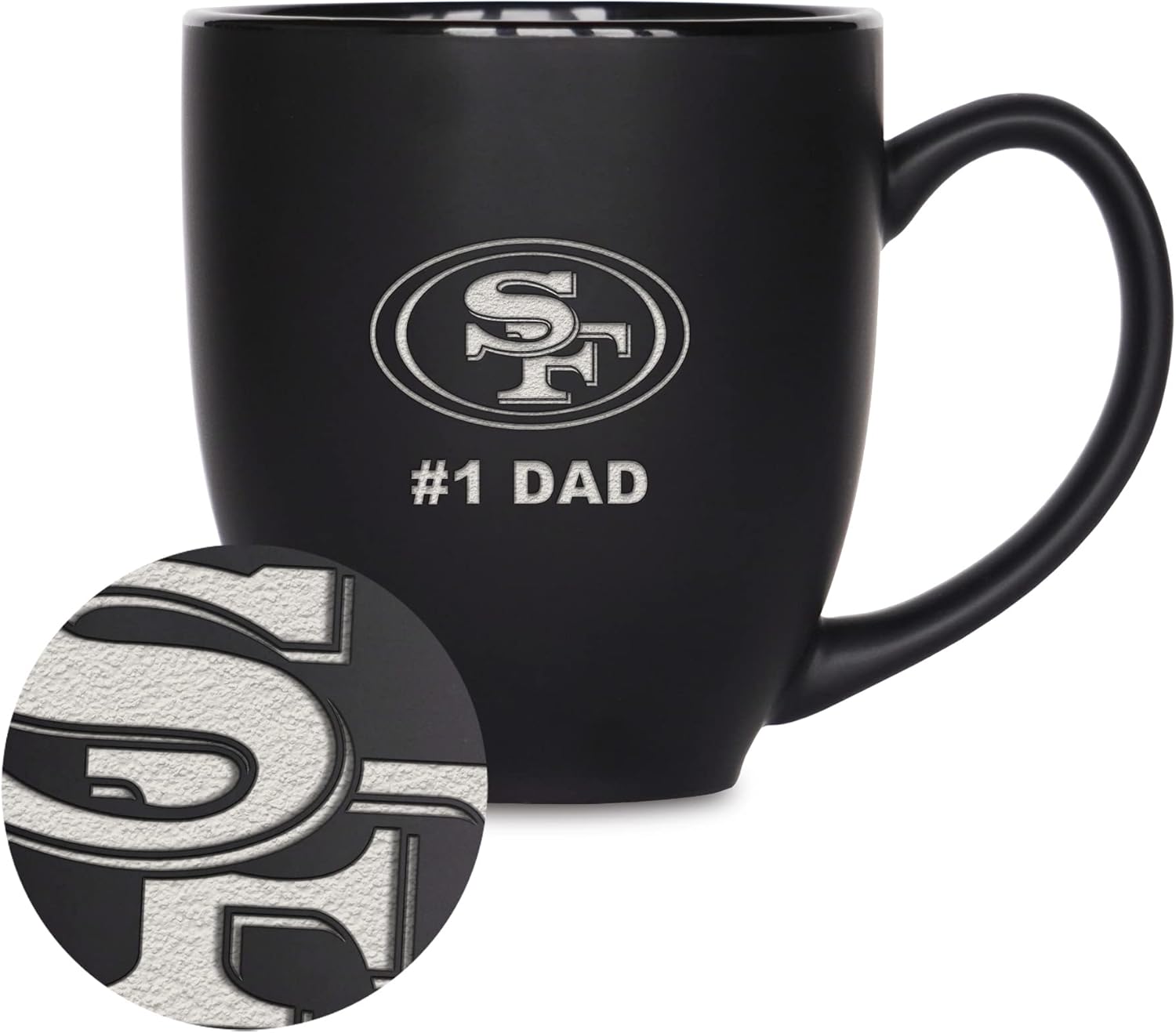 Rico Industries NFL Football #1 Dad 15oz Laser Engraved Matte Black Ceramic Bistro Mug - for Hot or Cold Drinks