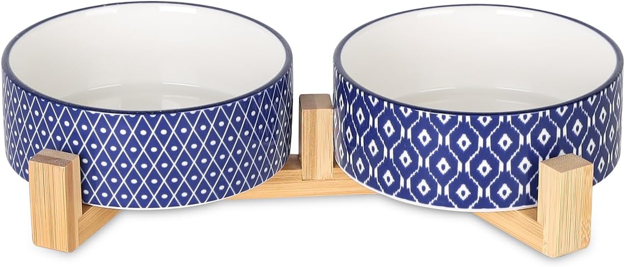 Selamica Ceramic 14 OZ Dog Bowls, Dog Food and Water Bowls with Wooden Stand, Anti-Slip Dog Dishes Set for Cats & Small Dogs, Weighted Pet Bowls Set of 2, Vintage Blue A