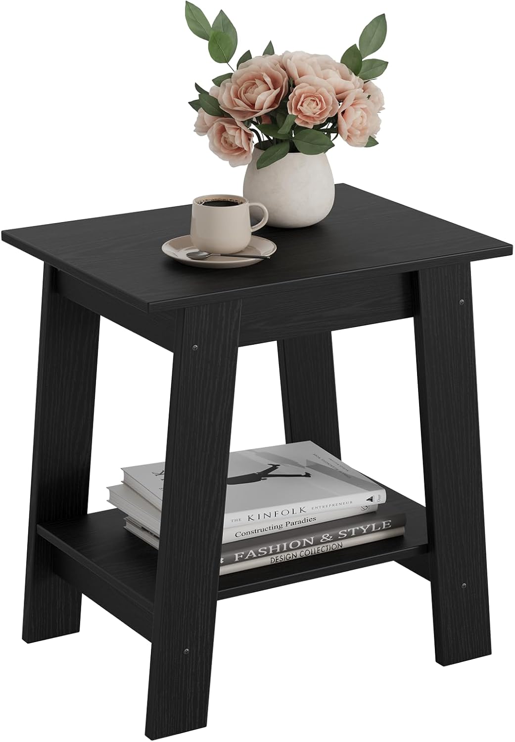 IDEALHOUSE End Table, Small Side Table, Nightstand with 2-Tier Storage Shelf, Wood Bedside Table, Narrow Side Table Living Room, Side Table for Small Spaces, Bedroom, Entryway, Farmhouse, Black