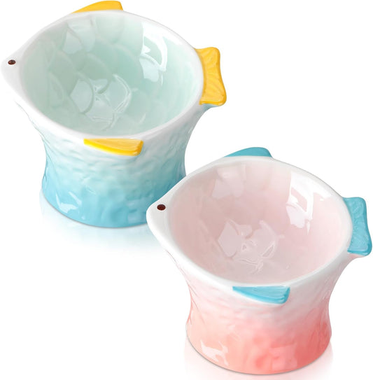 Tioncy 2 Pcs Raised Tilted Ceramic Cat Food Bowl Fish Shape Cute Elevated Slanted Shallow Angled Cat Dish Non Slip Heavy Cat Feeder Bowl for Anti-Vomiting and Whisker Fatigue(Green, Pink)