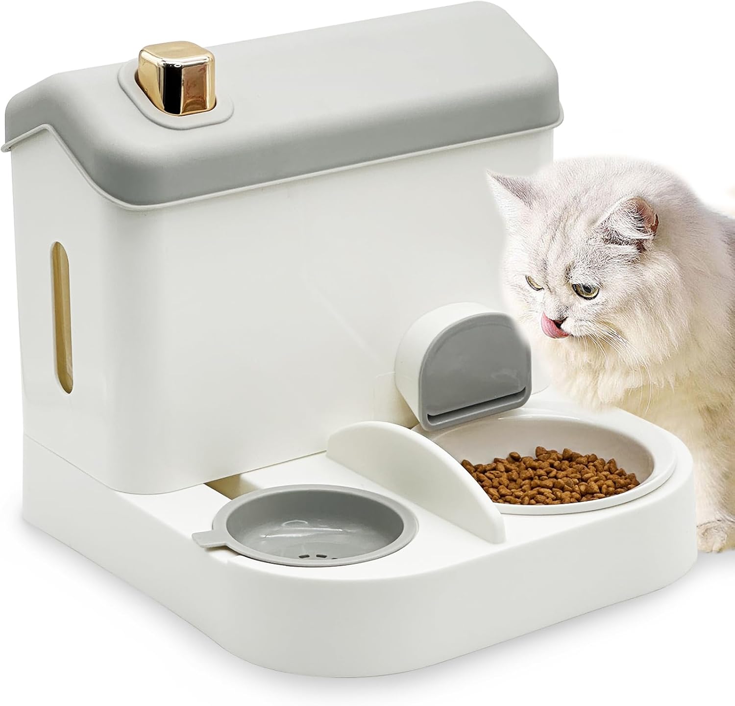 Fhiny Gravity Cat Feeder and Water Dispenser, 2 in 1 Gravity Feeder Cat Dry Food & Waterer Removable Ceramic Bowl Pet Food Storage Self Feeding Station for Indoor Cat Kitten Puppy Easy Clean (Grey)