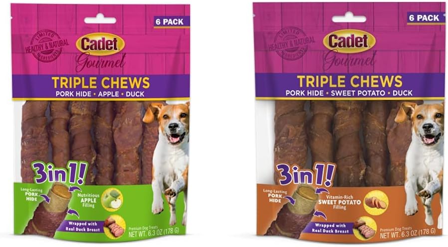 Cadet Gourmet Triple Chews, Protein-Rich Long Lasting Chew Treats for Dogs l All Natural Alternative to Rawhide for Dogs