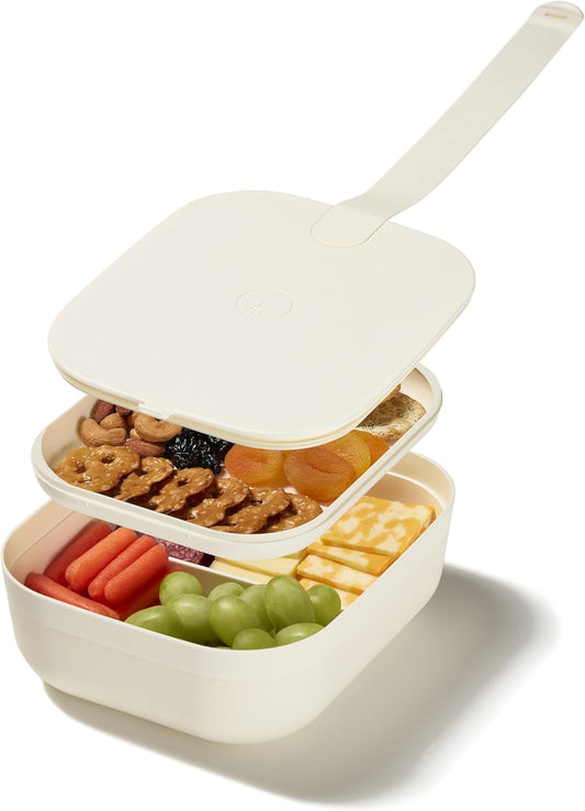 W&P Porter Bento Lunch Box, 3 Compartment Bento Box Portable Adult Lunch Box with Snap Strap- Food Container, BPA Free, Dishwasher and Microwave Safe, Cream, Medium