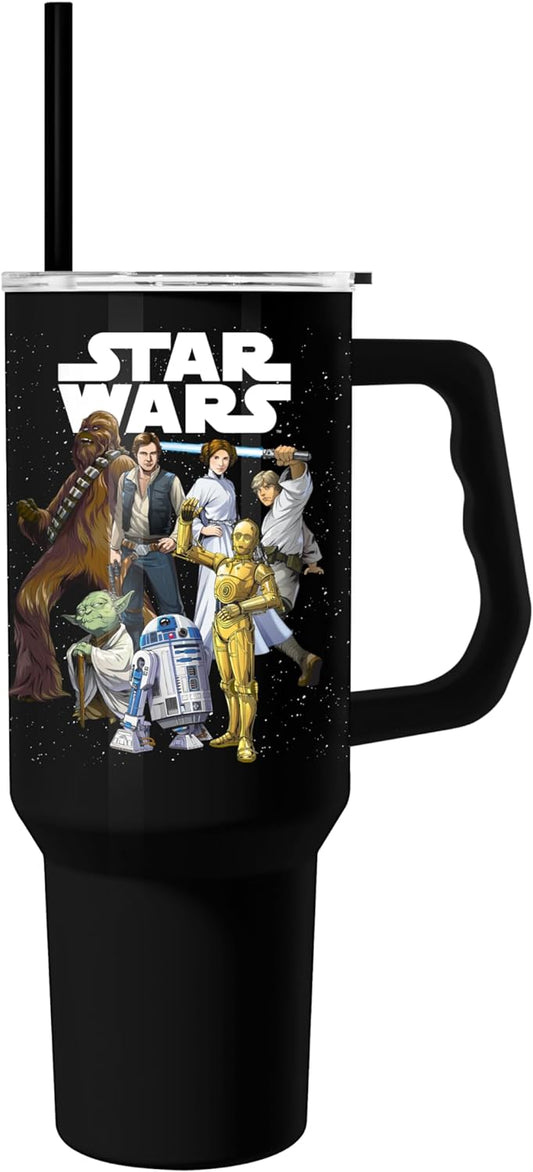 Silver Buffalo Star Wars Featuring Chewbacca, Yoda, R2-D2, C-3PO, Princess Leia, Han Solo, and Luke Skywalker Stainless Steel Tumbler with Handle and Straw, Fits in Standard Cup Holder, 40 Ounces