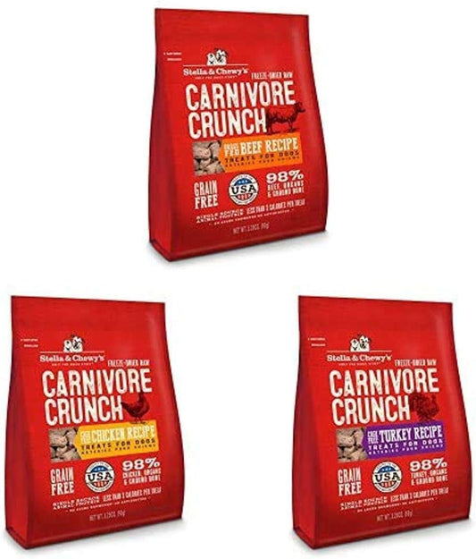 Stella & Chewy's Freeze-Dried Raw Carnivore Crunch Dog Treats (Bundle of 3, 3.25 oz. Bags) - Beef, Chicken, Turkey