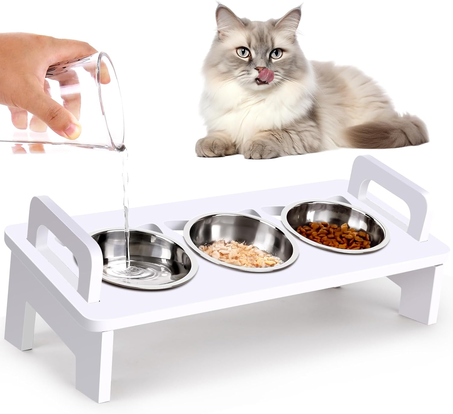 Elevated Cat Food Bowl, 3 Stainless Steel Raised Cat Bowls with Stand, 15°Tilted Cat Bowl for Indoor Cats, Cat Food and Water Bowl Set, Anti Vomitting, Whisker Fatigue and Dishwasher Safe - White