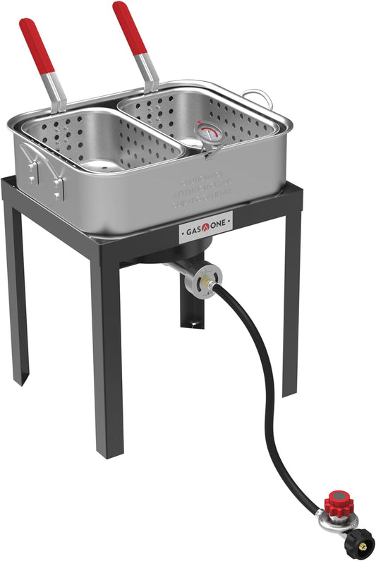 Gas One Double Fryer with 2 Baskets Propane Burners for Outdoor Cooking – Heavy Duty 18Qt Aluminum Pot Outdoor Deep Fryer with Cast Iron Burner – Propane Deep Fryer with Thermometer