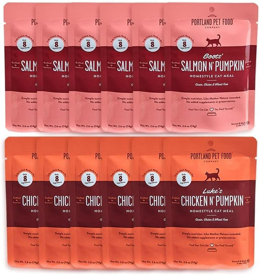 Human-Grade Mixed Variety Pack Wet Cat Food Pouch — Moist, Soft Cat Food Mixer, Topper, and Rotational Meal (6 Chicken, 6 Salmon) by Portland Pet Food Company