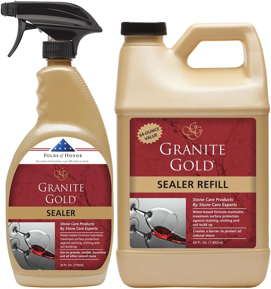 Granite Gold Water-Based Sealer Spray Protection for Granite, Marble, Travertine, Natural Stone Countertops, 64 Fluid Ounces and 24 Fluid Ounces