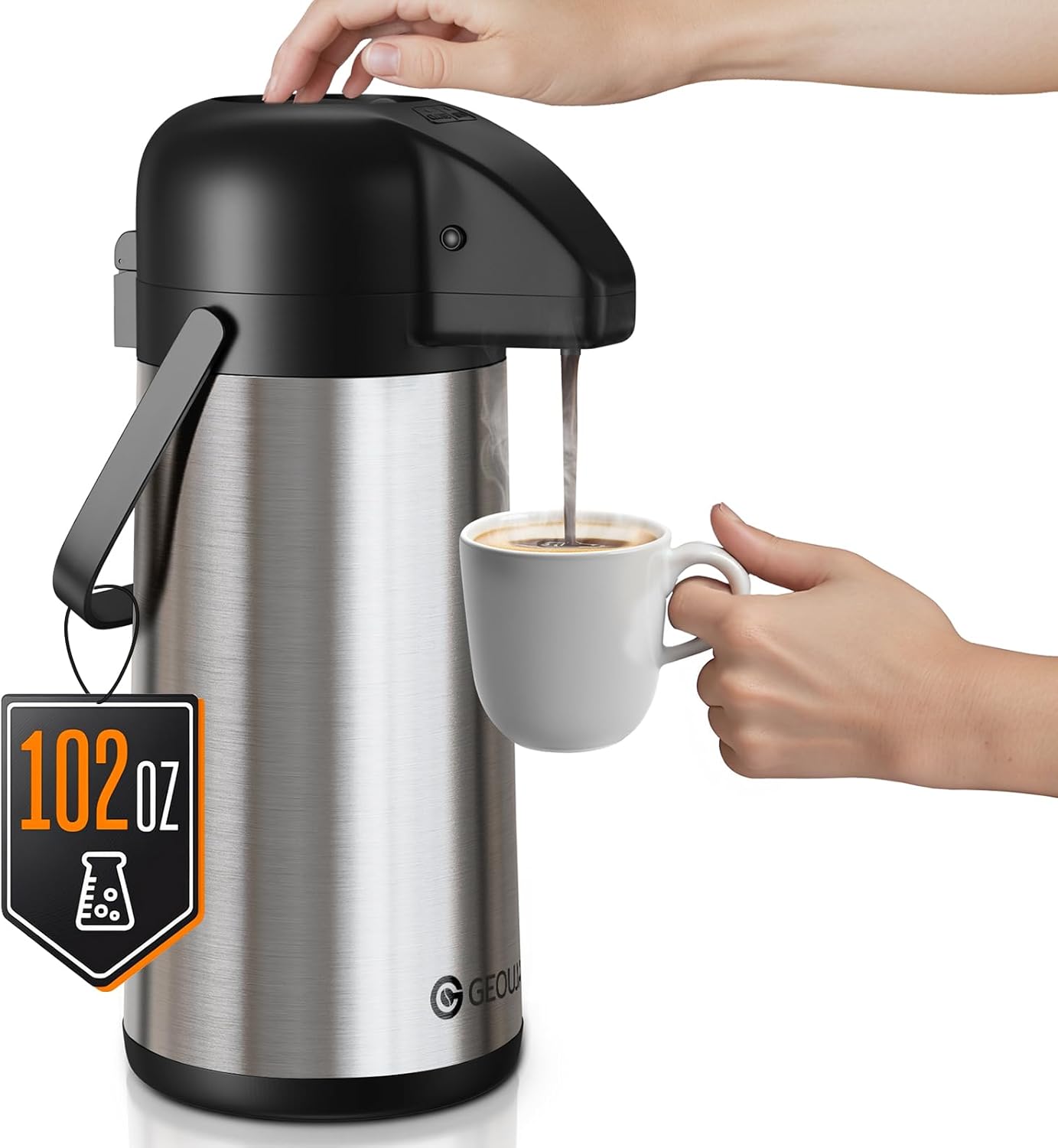 Airpot Coffee Carafe for Keeping Hot - 102 OZ\/ 3L Large Coffee Dispenser with Pump - Insulated Stainless Steel Thermos Urn for Hot Drinks Water Tea Chocolate - Thermal Beverage Dispenser for Parties