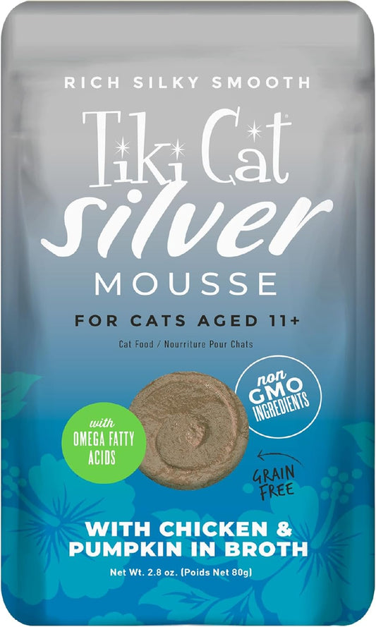 TIki Cat Silver Mousse, With Chicken & Pumpkin In Broth, Silky Smooth Nutrient Rich Formulated for Older Cats Aged 11+, 2.9 oz. Pouch (Pack of 12)