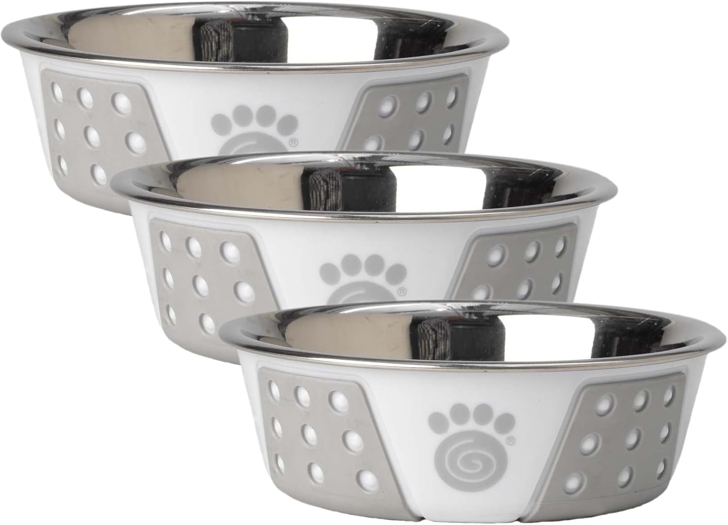 PetRageous 13094 Fiji Stainless Steel Non-Slip Dishwasher Safe Dog Bowl 1.75-Cup Capacity 5.5-inch Diameter 1.75-inch Tall for Small Dogs Medium Dogs ans Cats, White and Light Grey (Pack of 3)