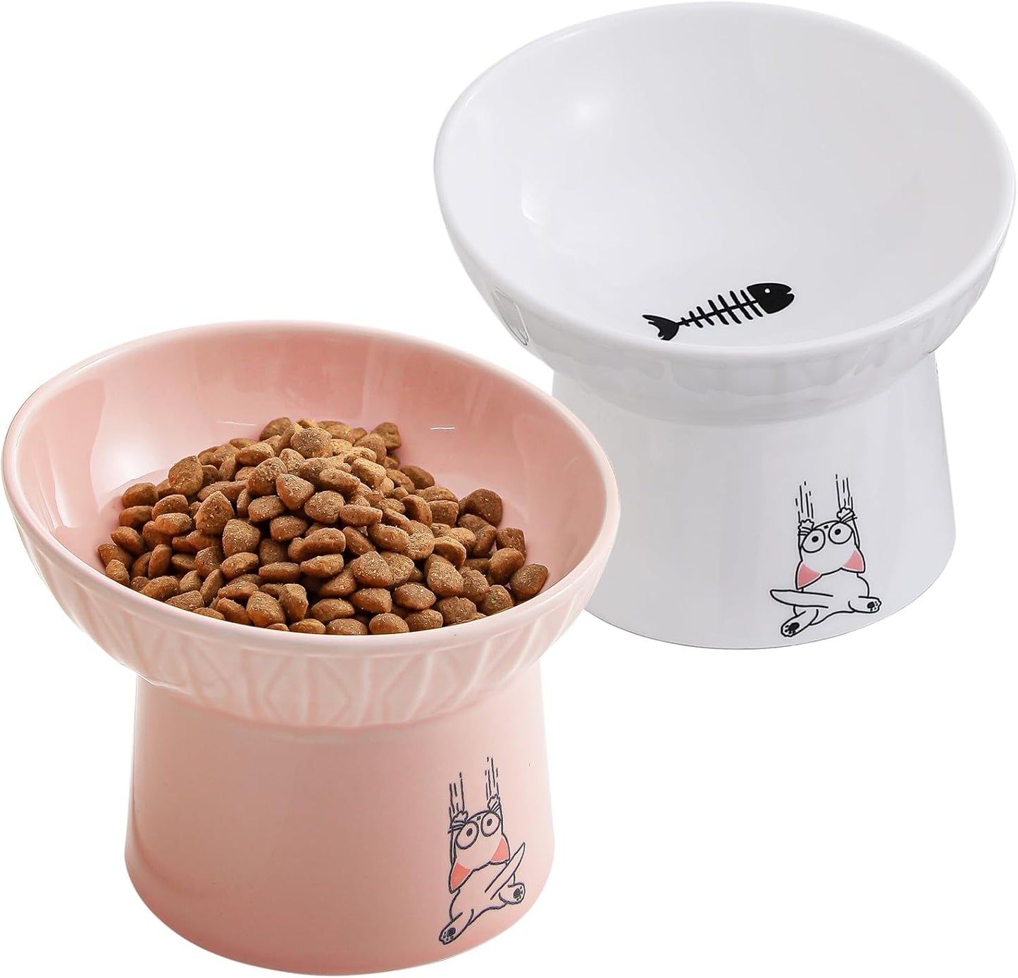 OMAYKEY 6.5 Inch Extra Wide Ceramic Raised Cat Bowls, Porcelain Tilted Elevated Cat Food Water Bowl Dish, Stress Free Pet Feeder Dishes for Cats & Small Dogs, Whisker Fatigue, White & Pink