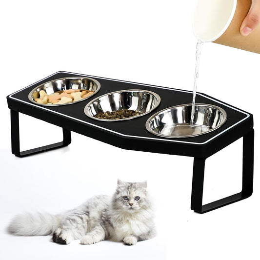 Gothic Cat Food Bowls Elevated, Raised Cat Bowls for Indoor, Non-Slip Stand & Wood Board, Stainless Steel and Whisker Friendly Food Bowls (Cat Bowl*3)