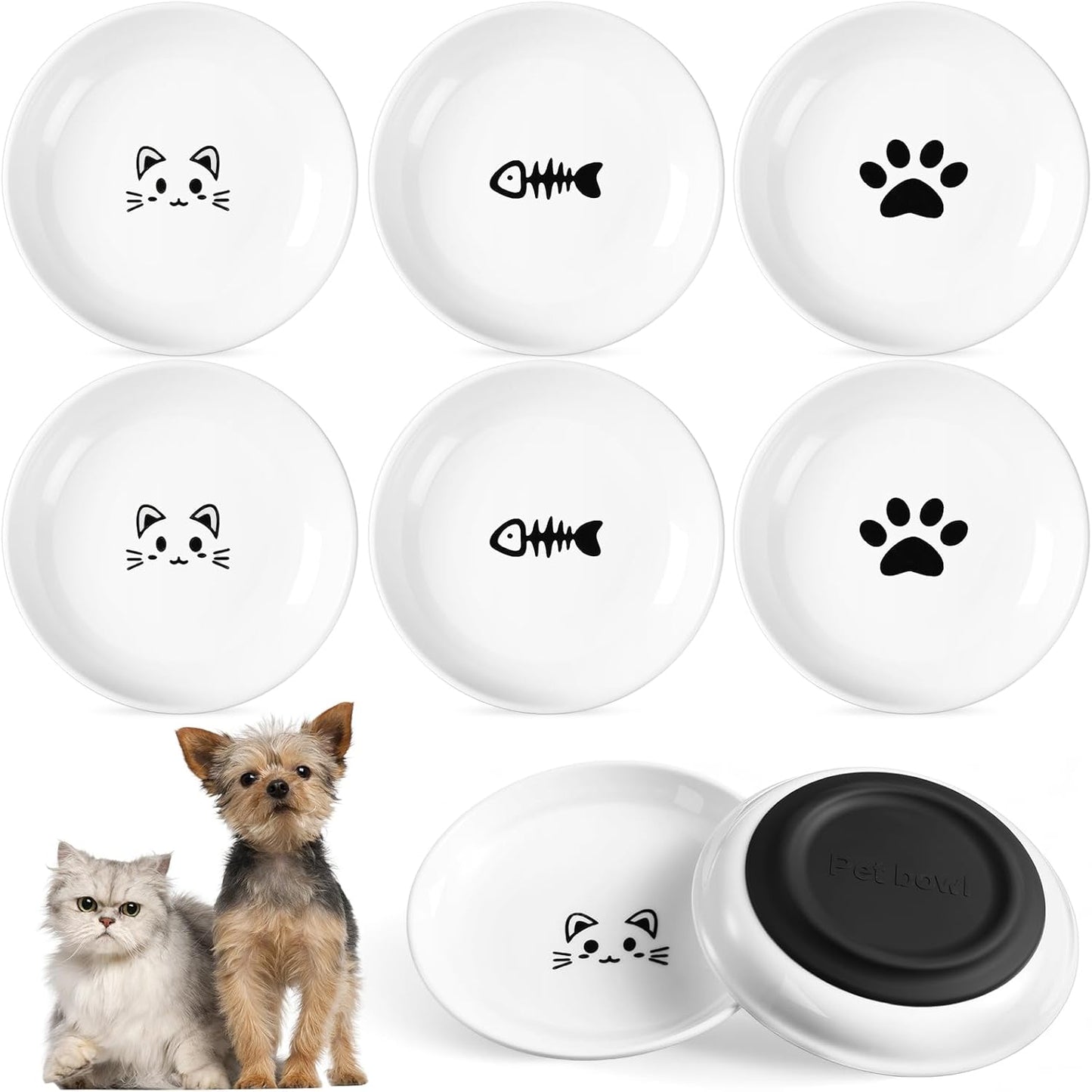 6 Pcs Cat Food Bowl Ceramic Cat Bowls Cat Plates Anti Whisker Fatigue Cat Food Dish with Nonslip Silicone Bottom Shallow Wide Kitten Plates for Indoor Small Dog Animals Pet Feeding, 3 Styles