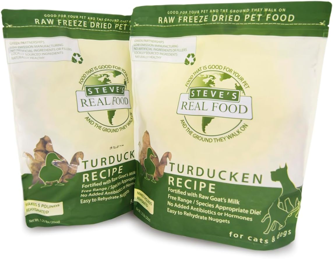 Steve's Real Food Freeze-Dried Raw Food Diet for Dogs and Cats, 2-Pack, Turducken Recipe (Turkey & Duck), 1.25 lbs in Each Bag, Made in The USA, Pour and Serve Nuggets, Vegetarian Fed & Free Range