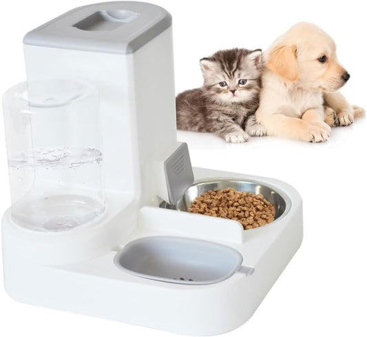 MUYG Automatic Cat Food and Water Dispenser Set 2 in 1, All-in-One Gravity Pet Feeder with Stainless Steel Cat Food Bowl Travel Auto Supply Feeder and Water Dispenser for Small Medium Cats Dogs (Gray)