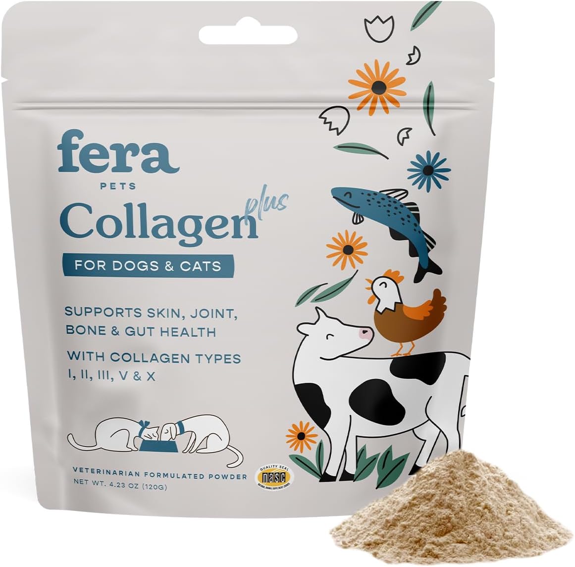 Fera Pet Organics Collagen Plus Cat & Dog Food Topper – Vet Created Support for Pet Joints, Skin, Bone & Immune System with Collagen + Vitamin C – Powder Supplement - 4.23oz