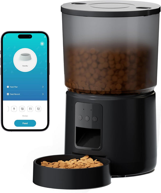 Automatic Cat Feeder: 2.4G\/5G Cat Food Dispenser - 5L Cat Feeder with 1-10 Meals - WiFi Cat Feeder Automatic - APP Control - Cat Automatic Feeders - Auto Cat Feeder - Pet Feeder - BEMOONY - Black