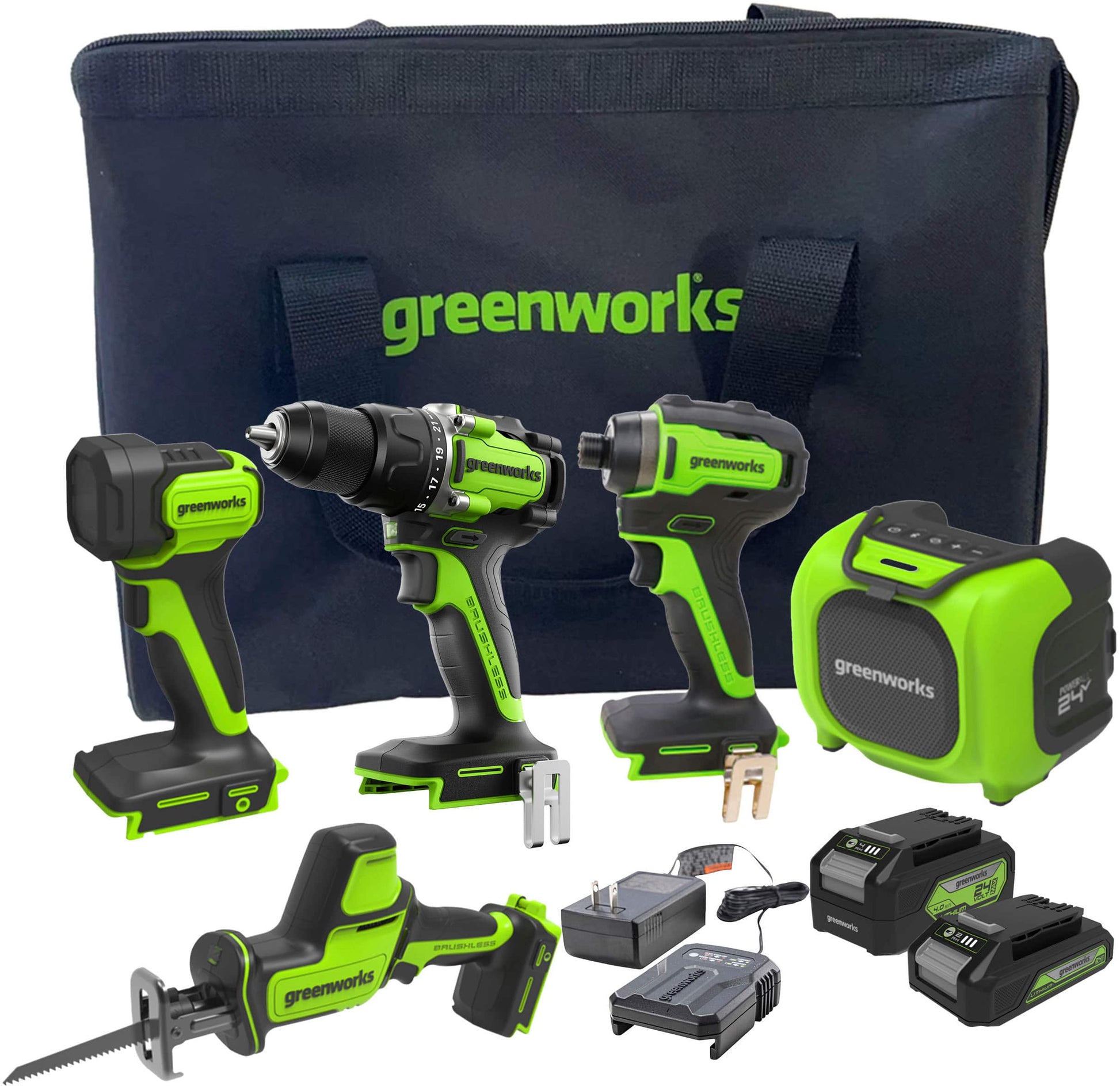 24V 5 Tool Combo Kit - Drill, Impact Driver, Recip Saw, Light, Bluetooth Speaker, 2Ah + 4Ah Batteries, & Charger