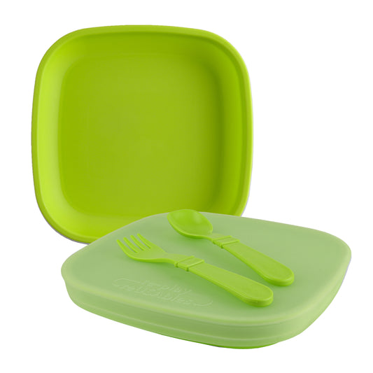 RE-PLAY |Made in USA | 5 Piece Toddler Feeding Set Flat Plate, Silicone Storage Lid, Utensils | Made from Eco-Friendly Recycled Milk Jugs - Virtually Indestructible | Lime Green