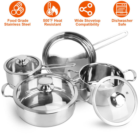 7 Pcs Handle Cooking Set with Lids, Stainless Steel Cookware Set Including Saucepan Skillet Stockpots