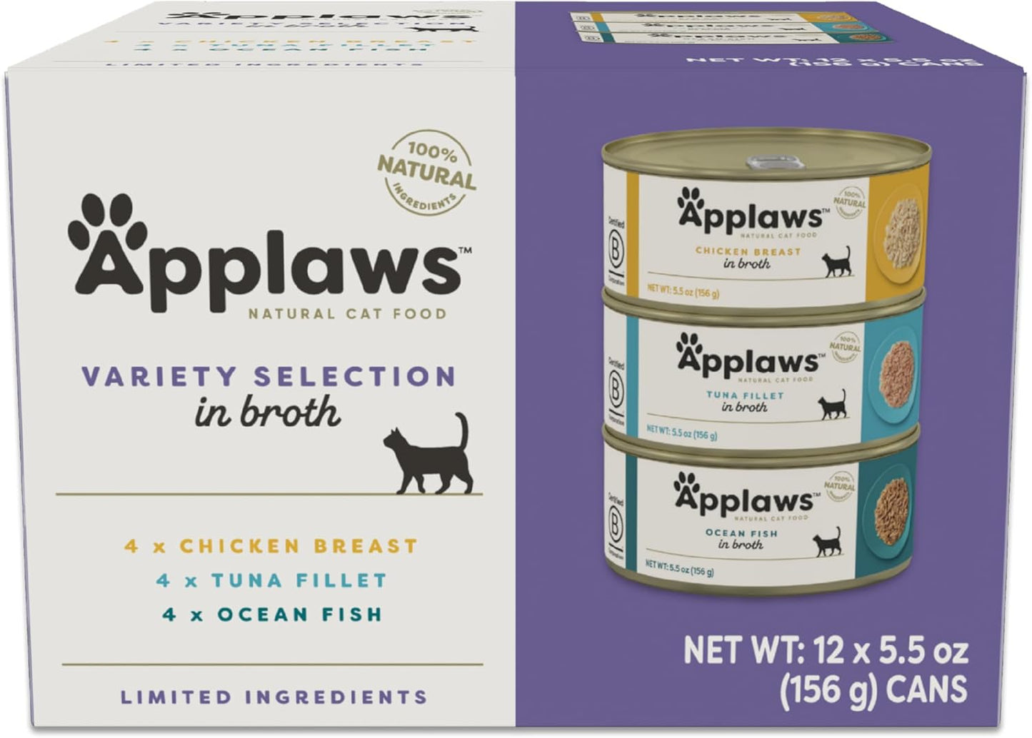 Applaws Natural Wet Cat Food in Broth, Limited Ingredient Canned Wet Cat Food, No Additives, Cat Food Variety Pack, Made with Natural Ingredients, Variety Pack in Broth (12 x 5.5oz Cans)