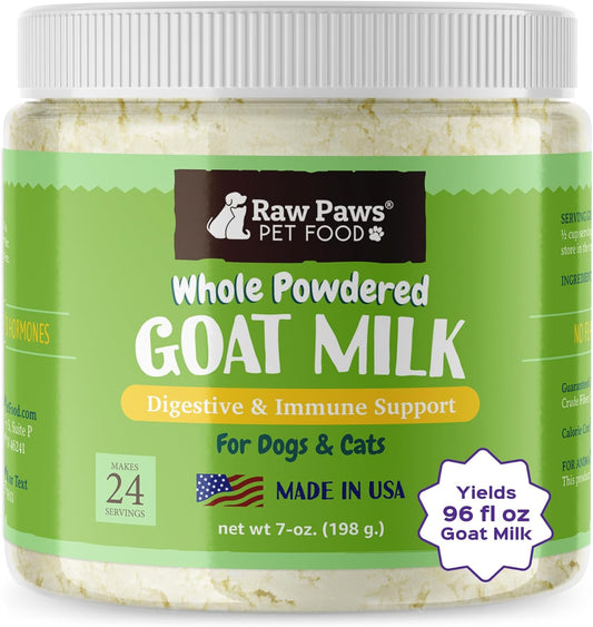 Raw Paws Whole Powdered Goat Milk for Dogs and Cats, 7-oz - Goats Milk for Dogs Made in USA - Natural Kitten & Puppy Milk Replacement Formula, Dry Pet Goat Milk Food Topper, Pet Nutritional Supplement