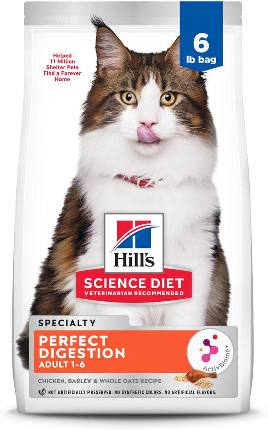 Hill's Science Diet Perfect Digestion, Adult 1-6, Digestive Support, Dry Cat Food, Chicken, Brown Rice, & Whole Oats, 6 lb Bag