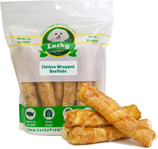 Lucky Premium Treats Dog Treats - Chicken Wrapped Rawhide Dog Bones for Medium Dogs Under 50 lbs., 32ct. - All Natural, Long Lasting Chew for Teething - Safe & Made in USA