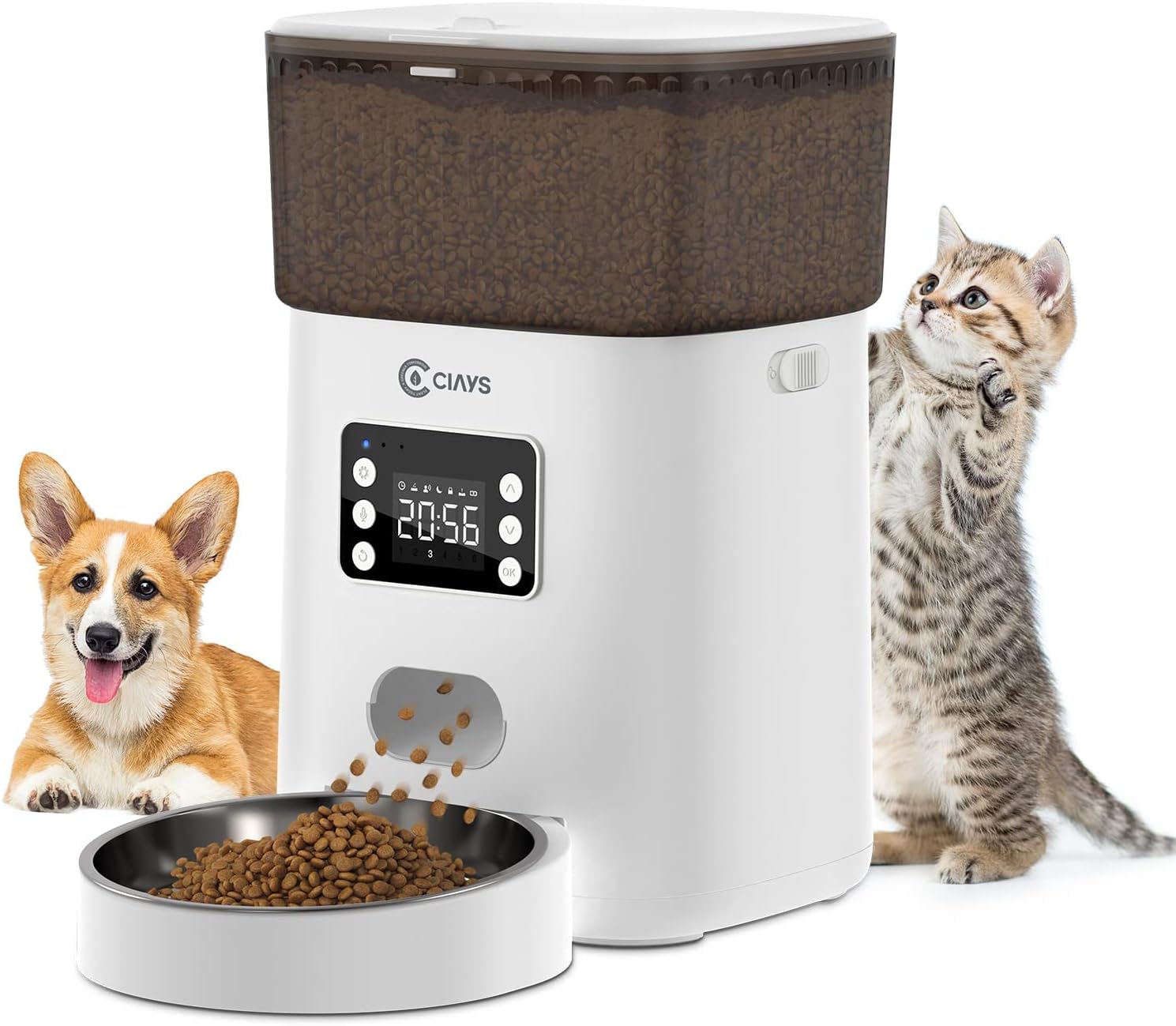 Ciays Automatic Cat Feeders, 4L Cat Food Dispenser Up to 20 Portions 6 Meals Per Day, Pet Dry Food Dispenser with Distribution Alarms for Small Medium Cats Dogs, White