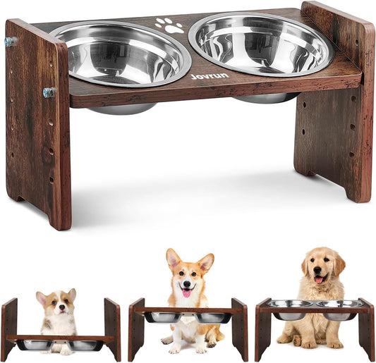 Jovrun Elevated Dog Bowls, Adjustable Raised Dog Bowls Stand for Small Size Dogs and Cats, Durable Bamboo Dog Feeder with 2 Stainless Steel Bowls and Non-Slip Feet, Dog Food Bowls for Small Dogs Cats