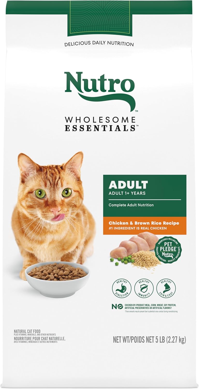 NUTRO WHOLESOME ESSENTIALS Natural Dry Cat Food, Adult Cat Chicken & Brown Rice Recipe Cat Kibble, 5 lb. Bag