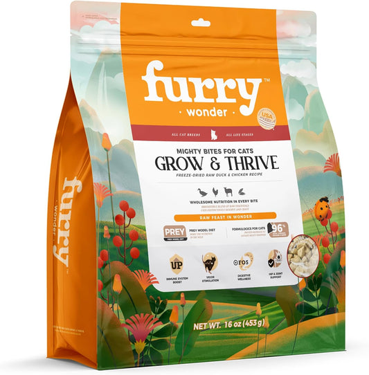 FURRY · WONDER . Freeze Dried Raw Cat Food Duck and Chicken Recipe 16 Ounce, USA Made High Protein Grain Free Cat Food for Complete Meal or Food Topper, Freeze Dried Raw Diet for Grow & Thrive