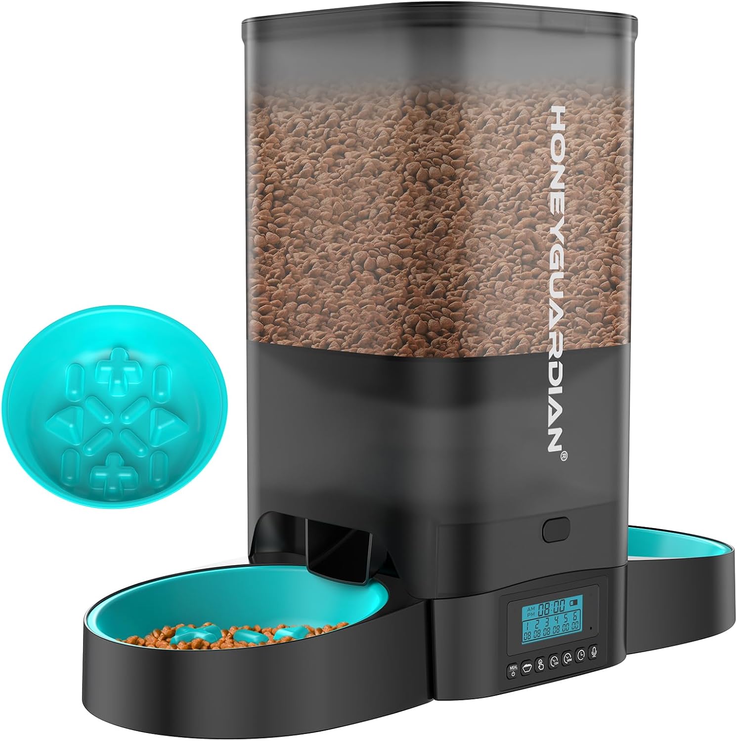 HoneyGuaridan Automatic Cat Feeder for Two Cats,5L Cat Food Dispenser with Slow Feeder Bowl,Timed Cat Feeder Programmable 1-6 Meals Control, Dual Power Supply,Desiccant Bag,10s Meal Call(Black)