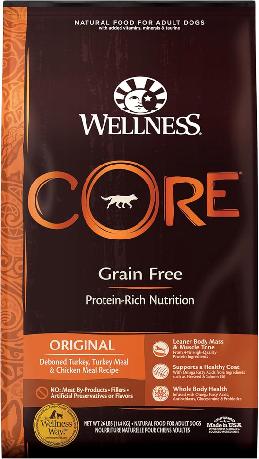 Wellness CORE Grain-Free High-Protein Dry Dog Food, Made in USA with Real Meat & Natural Ingredients, All Breeds, Adult Dogs (Turkey & Chicken, 26-lb) With Nutrients for Immune, Skin, & Coat Support