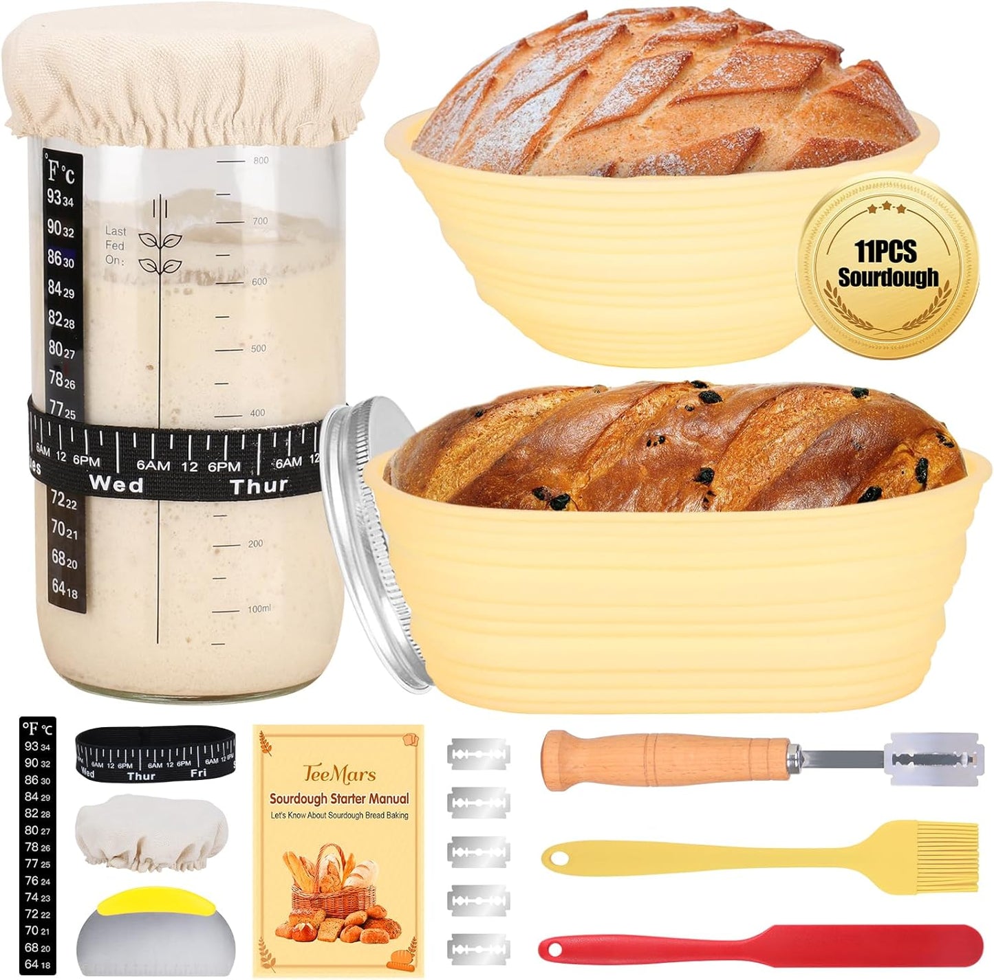 Sourdough Starter Kit, 34oz Sourdough Starter Jar, 2 Bread Proofing Baskets, Thermometer, Feeding Time Tracker, Metal Scraper, Easy to Clean, Complete Sourdough Bread Baking Supplies for Beginners