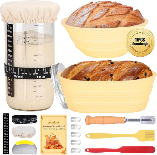 Sourdough Starter Kit, 34oz Sourdough Starter Jar, 2 Bread Proofing Baskets, Thermometer, Feeding Time Tracker, Metal Scraper, Easy to Clean, Complete Sourdough Bread Baking Supplies for Beginners